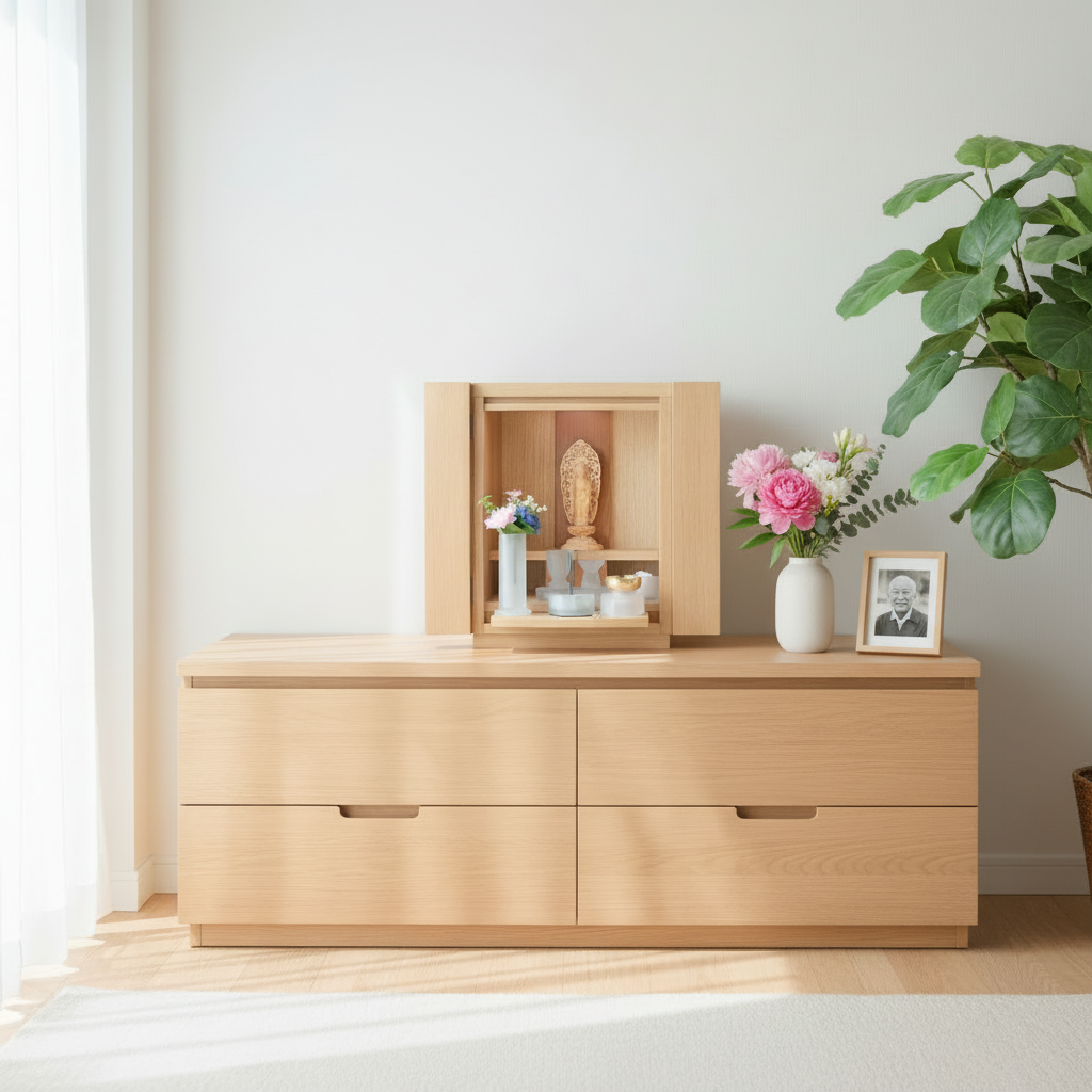 リビングのチェストに馴染む、モダンで温かい天然木のお仏壇「ひらり」。