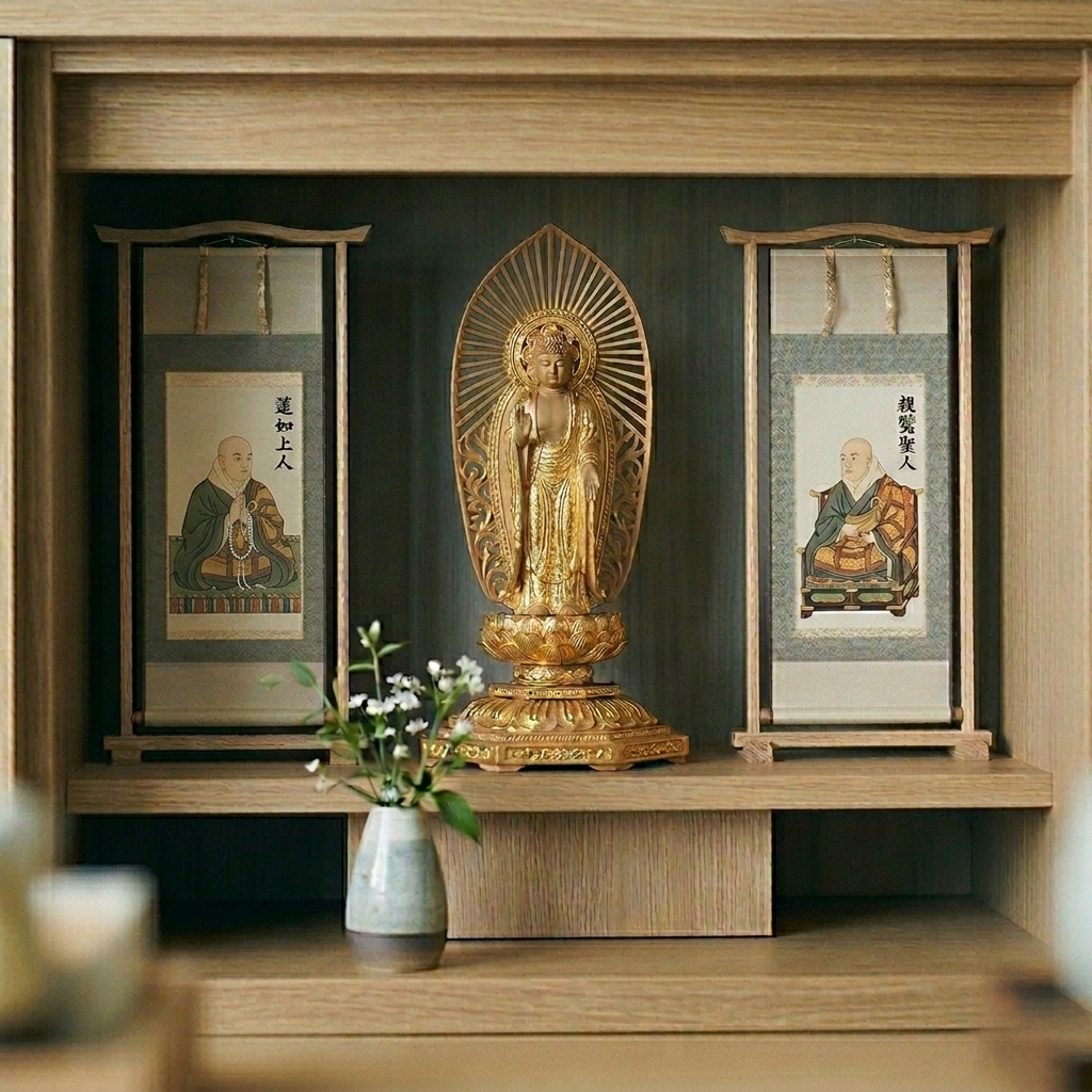浄土真宗本願寺派（西）の仏壇飾り：中央に阿弥陀如来（西）、右に親鸞聖人、左に蓮如上人の配置例