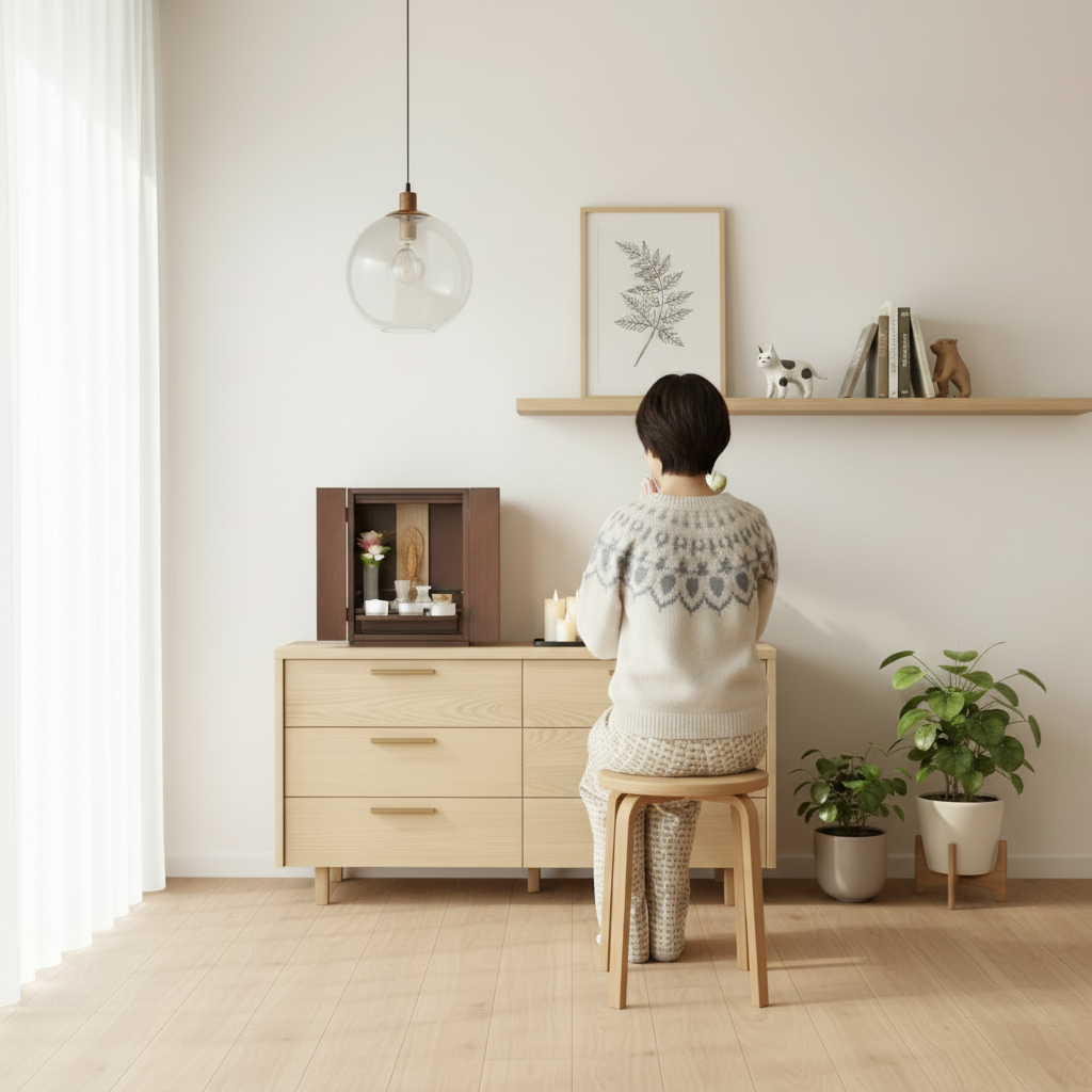 コンパクトなお仏壇「つぼみ」の前で、穏やかな気持ちで手を合わせるスタッフ